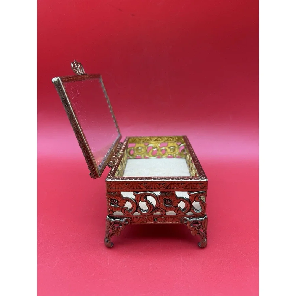 Vintage Floral Filigree Ormolu With Glass Top Jewelry Casket Box Velvet